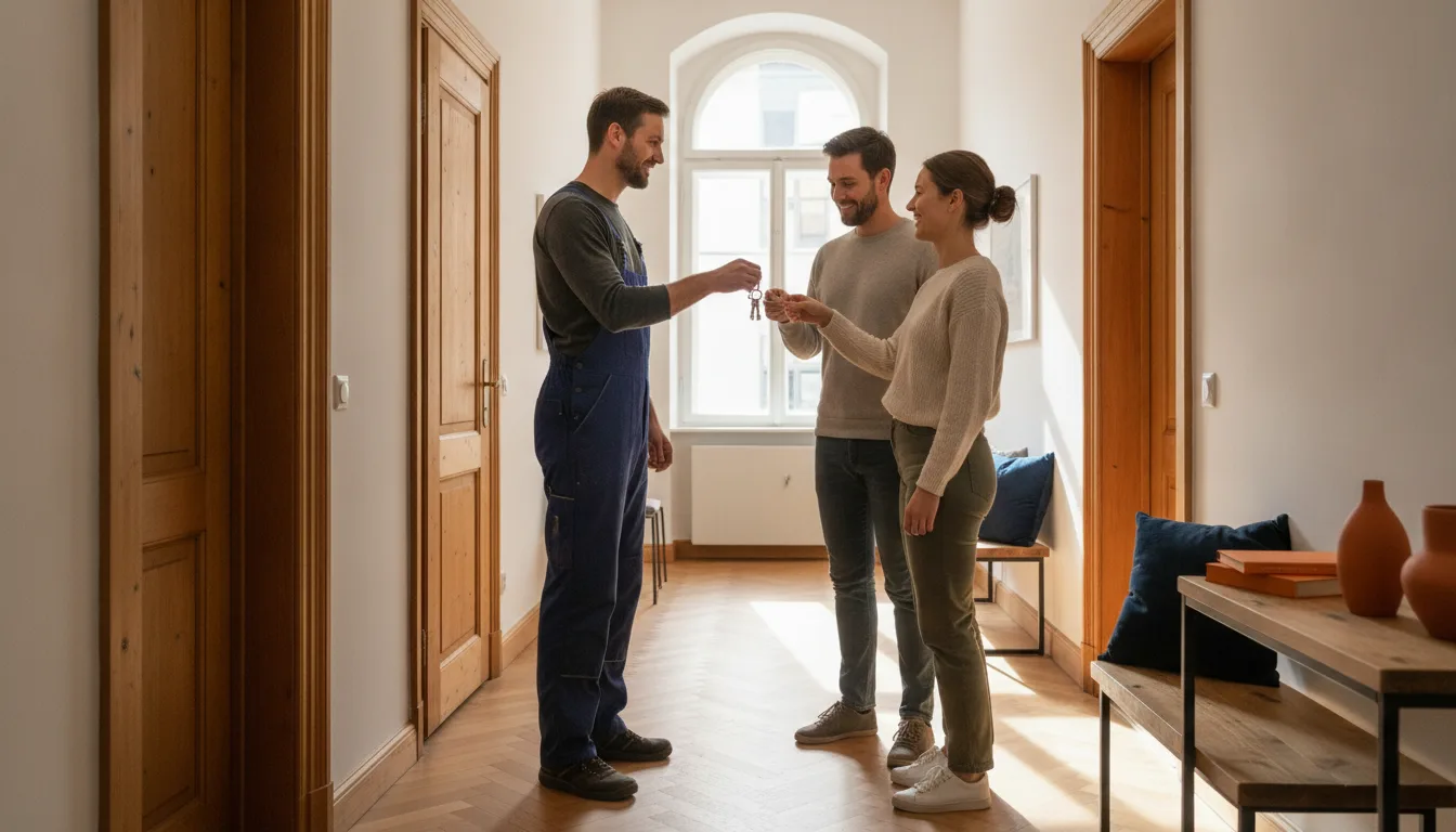 Schlüsselübergabe mit Händedruck nach abgeschlossener Wohnungssanierung