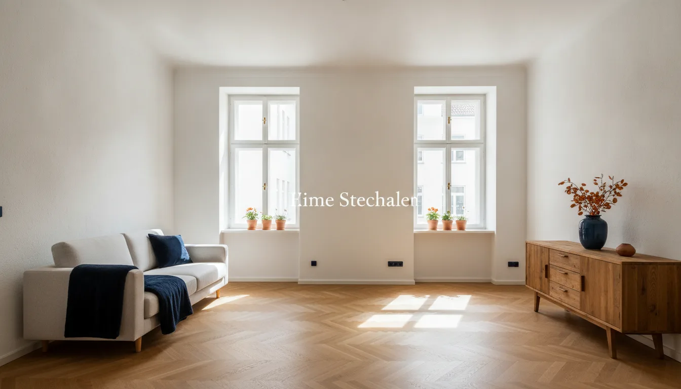 Frisch saniertes Altbau-Wohnzimmer mit Stuckdecke und Parkett